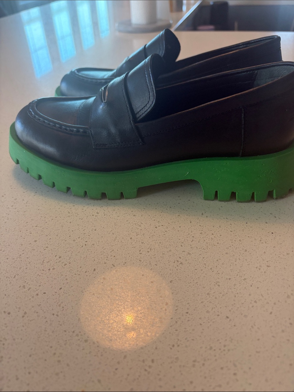 Steve Madden Black loafer with green lug sole